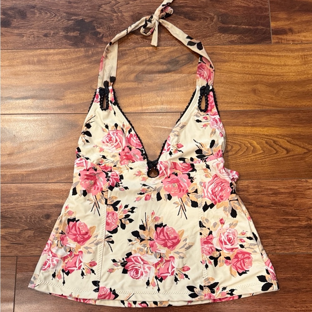 Betsey Johnson Chez Rose Halter Top  Tankini- Pink and Cream, Size Large